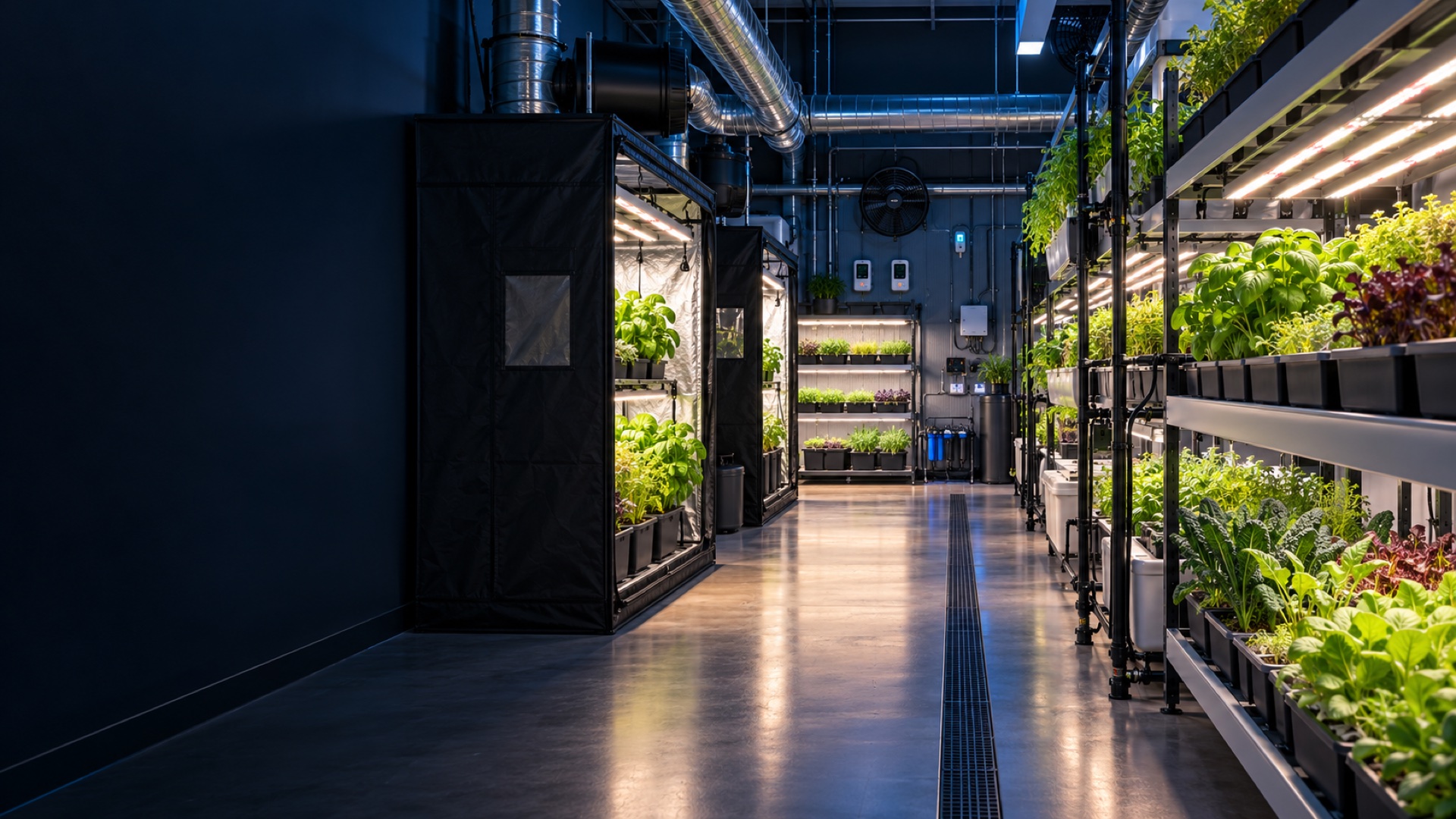 Organized indoor growing room with lighting, ventilation and environmental controls